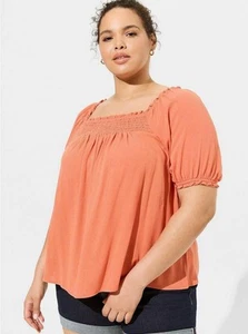 NWT Torrid 2 2X 18 20 Ginger Orange Gauzy Boho Smocked Yoke Romantic Coastal Top - Picture 1 of 10