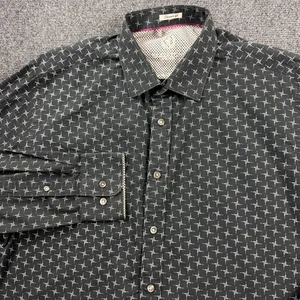 Bugatchi Shaped Fit Mens Dress Shirt Large Geometric Black Patterned Long Sleeve - Picture 1 of 10