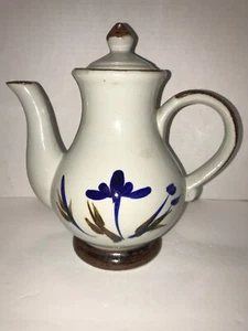 Lovely Vtg Pottery Stoneware Floral Blue & Brown Coffee Pot Teapot Round Handle - Picture 1 of 10