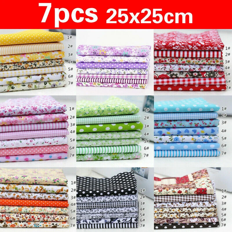 7pc Cotton Fabric DIY Assorted Squares Pre-Cut Quilt Quarters Bundle 25*25cm  - Image 1 of 4