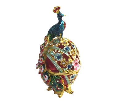 Bejeweled " Peacock on Faberge Egg " Hinged Metal Enamel trinket Box - Image 1 of 4
