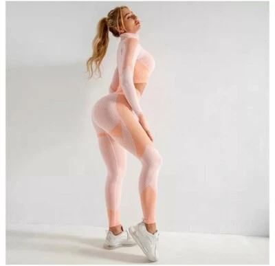 yoga set medium high waisted leggings crop jacket pink new - Image 1 of 4