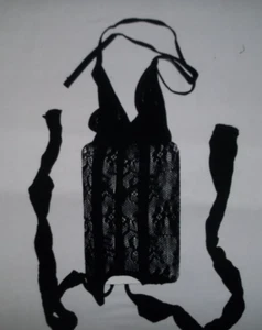 Sheer floral fishnet w/solid stripes suspender thigh bodystocking black nip goth - Picture 1 of 3