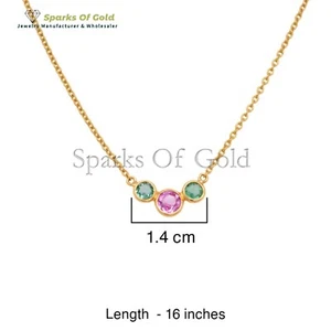 Natural .55 Ct Pink Sapphire and Emerald Necklace 14K Yellow Gold Minimalist Jew - Picture 1 of 4