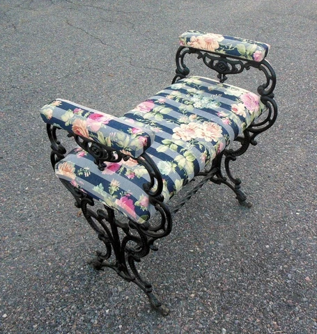 Vtg CAST IRON  BENCH Seat Stool Arms Paw Feet Scrollwork ROCOCO BAROQUE Cover