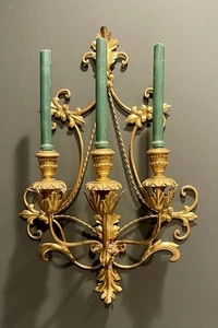 Baroque Italian Wall Hanging Candelabra Leaf Floral Gilt 3 Arm Sconce - Picture 1 of 23