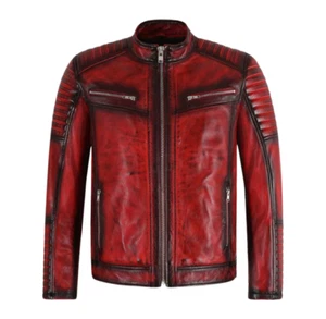 Men’s Red Genuine Leather Café Racer Motorcycle Jacket – Slim Fit Biker Coat - Picture 1 of 5