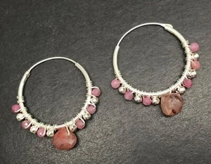 pink tourmaline hoop earrings solid Sterling Silver, Sleeper fitting. Box. - Picture 1 of 7