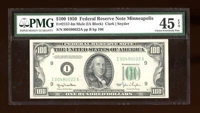 DBR 1950 $100 FRN Minneapolis Mule Fr. 2157-Im PMG 45 EPQ Serial I00490022A - Image 1 of 2