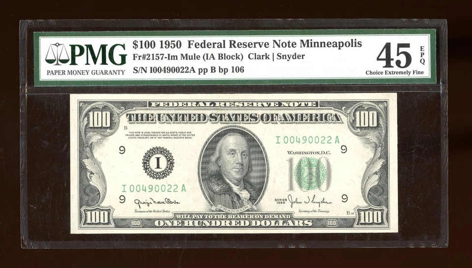 DBR 1950 $100 FRN Minneapolis Mule Fr. 2157-Im PMG 45 EPQ Serial I00490022A - Image 1 of 2