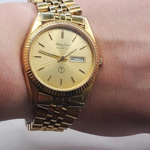 Mathey Tissot Vintage QUARTZ Watch MT- MRLXG6 Gold Tone Day/Date New Battery - Picture 1 of 10
