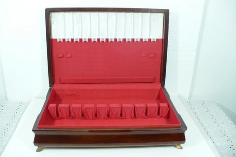 1 Vtg Art Deco Sterling Flatware Walnut Storage Chest Red Felt 9 Slots 12 Knife Cover