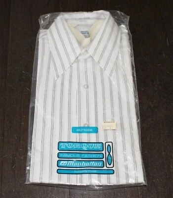 NOS vtg 80s MANHATTAN Torque Striped Button Shirt Medium M 15 SS White Gray USA - Image 1 of 4