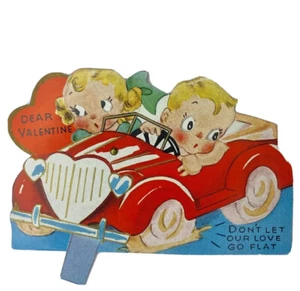 Vintage Valentine Greeting Card Die Cut Convertible Car Mechanical Couple Flat - Picture 1 of 2