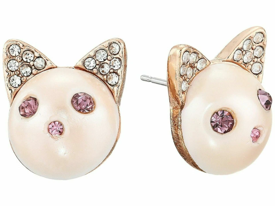 Betsey Johnson Rose Gold Tone Pearl Pink Crystals Cat Face Stud Earrings