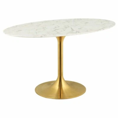Modway Lippa 54"" Oval Faux Marble Top Pedestal Dining Table in Gold - Image 1 of 4