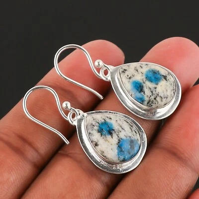 K2 Blue Azurite Gemstone Earring 925 Sterling Silver Handmade Jewelry - 1.50" - Image 1 of 2