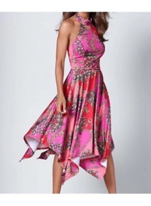 👗🌸 Vestido Venus Halter Cuello Pañuelo Dobladillo En Rosa Coral Rojo Midi Largo M - Imagen 1 de 5