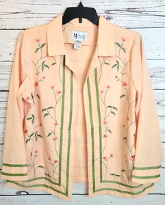 Vtg Maggie Sweet Top Women's Large Petite Orange Embroidered Floral Open Front - Picture 1 of 12