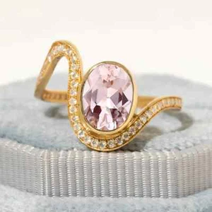 2.40 Ct Oval Cut Morganite Lab-Created Art Deco Bridal Ring 14K Yellow Gold Over - Picture 1 of 9