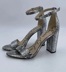 Sam Edelman Yaro Heel Silver Snake Print Leather Ankle Strap Open Toe Sandal 8.5 - Picture 1 of 9