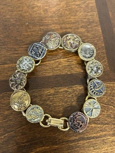 Vintage Antik Knopf Stil Armband Goldfarben 12 Knöpfe Designs Blumen Schnörkel - Bild 1 von 11
