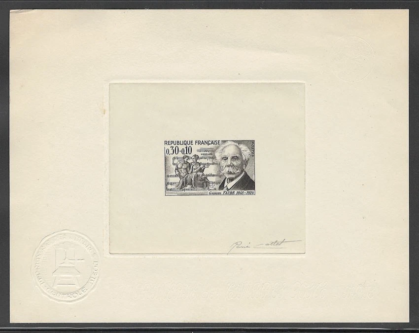 FRANCE SCOTT#B397 GABRIEL FAURE ARTIST SIGNED EXTRA DELUXE SUNK DIE PROOF SHEET - Image 1 of 1