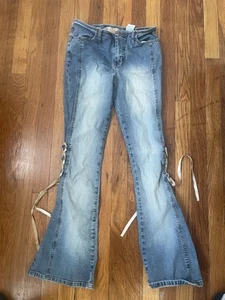 Vtg Y2k Mudd Full Lace Up Side Jeans Flare Dark Wash Low Rise 11 Rare - Picture 1 of 3