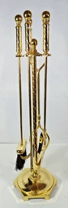 Vintage Shiny Brass Spiral Hexagon Base Fireplace Tool Set - 4 Piece + Stand - Picture 1 of 11