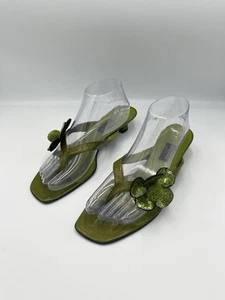 Sonia Rykiel Y2K grüne Leder Zehenstegsandalen 39,5 EU Kitten Heels - Pailletten Blumen - Bild 1 von 10