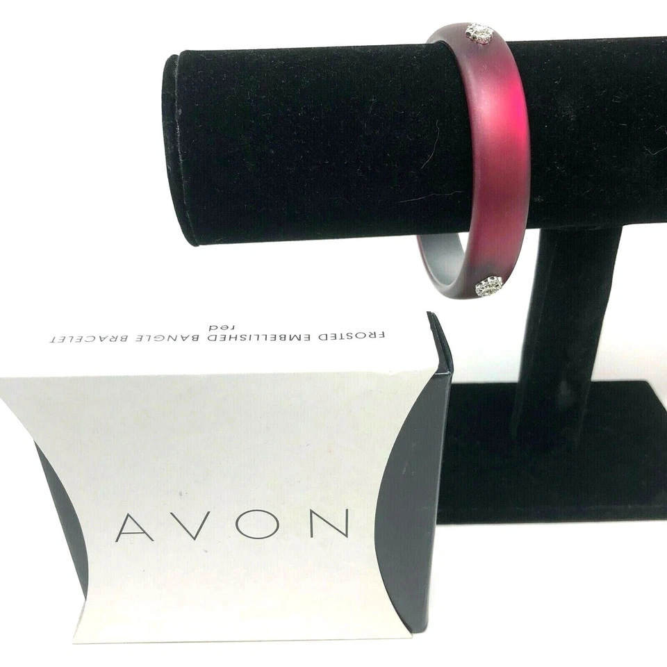 Avon Bangle Bracelet Cherry Red Frosted Silvertone Charm Embellished
