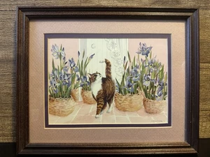 Signed Art Cat and Purple Flowers by V. Pfeiffer Watercolor 12” x 9” - Picture 1 of 7
