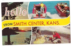 Hello Folks Boating & Picnicking Smith Center Kansas KS Postcard Water Name Band - Picture 1 of 2