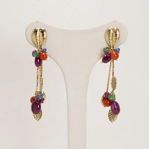 Pendientes de Oro Amarillo 18KT Hojas Con Coral Rojo Zafiros Rubíes Oght - Imagen 1 de 3
