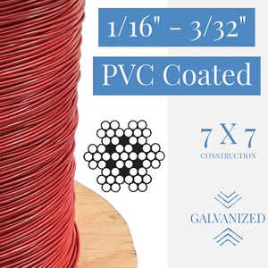 1/16" to 3/32" PVC Coated Red Color Galvanized Cable 7x7 Strand Aircraft Cable - Picture 1 of 2