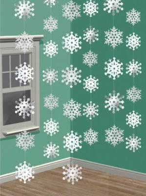 Snowflake Christmas Party Decorations Hanging Snowflake Strings Silver White x 6 - Image 1 of 3