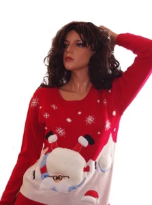 Womens SANTA CLAUS SNOW BALL Funny Ugly Christmas Sweater Party S M L XL NEW - Picture 1 of 1