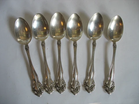 S/6 c 1900 WATSON Wedding Rose Sterling 6" TEASPOONS Spoon W monogram 153 g Cover