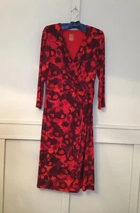 Vintage Anne Klein Lions Head Red and Black Faux Wrap Lined Dress Size 10 - Picture 1 of 6