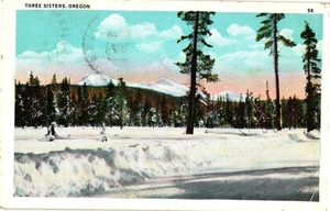 Vintage Drei Schwestern Oregon Schneebedeckte Gipfel Leinen Postkarte - Bild 1 von 2