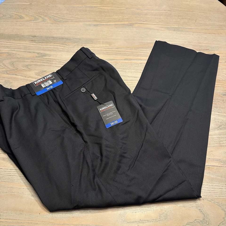 READ NEW Kirkland Signature Black Wool Dress Pants Mens 36x30 Flat Front - Image 1 of 4