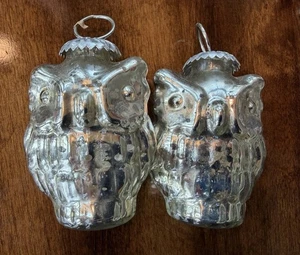Vintage Owl Christmas Glass Ornaments Mercury Silver Shiny Glass Owl 3.5” (2) - Picture 1 of 11