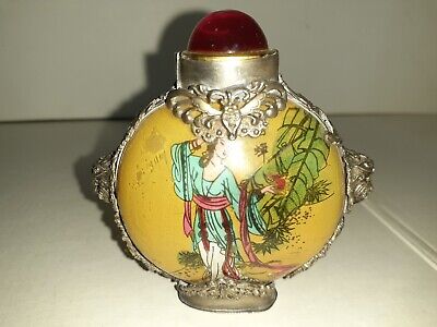 Antique Chinese Signed Metal Gilt Porcelain Snuff Bottle Dragons Lions Butterfly • 24.99£