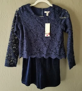 NWT Speechless Girls Navy Blue Lace Velvet Long Sleeve Romper Size Large - Picture 1 of 5