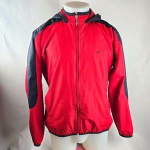 Vintage Nike Jacket Boys Large Red Black Windbreaker Hooded Silver Tag Full Zip - Picture 1 of 12