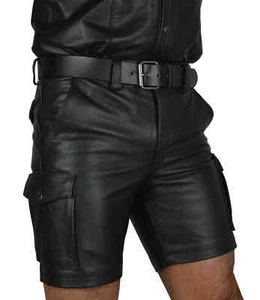 MEN LEATHER CARGO SHORTS SEXY FETISH CLUB WEAR SHORT POLICE PANT - Picture 1 of 4