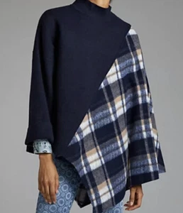 NWT Anthropologie Mixed Plaid Poncho Navy One Size #030 - Picture 1 of 3