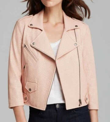 Chaqueta Moto Rebecca Minkoff Wes Cuero Cordero Perforado Rosa Rubor Pequeña  Foto 1 de 4