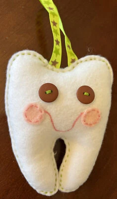 Tooth Fairy Pillow Hanging, Hang On Doorknob Handmade Felt, Brown Eyes, Green - Image 1 of 4