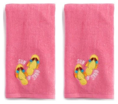 Summer Sun N' Sand Beach Flip Flops Pink Embroidered Bath Hand Towels 2-pk. - Image 1 of 3
